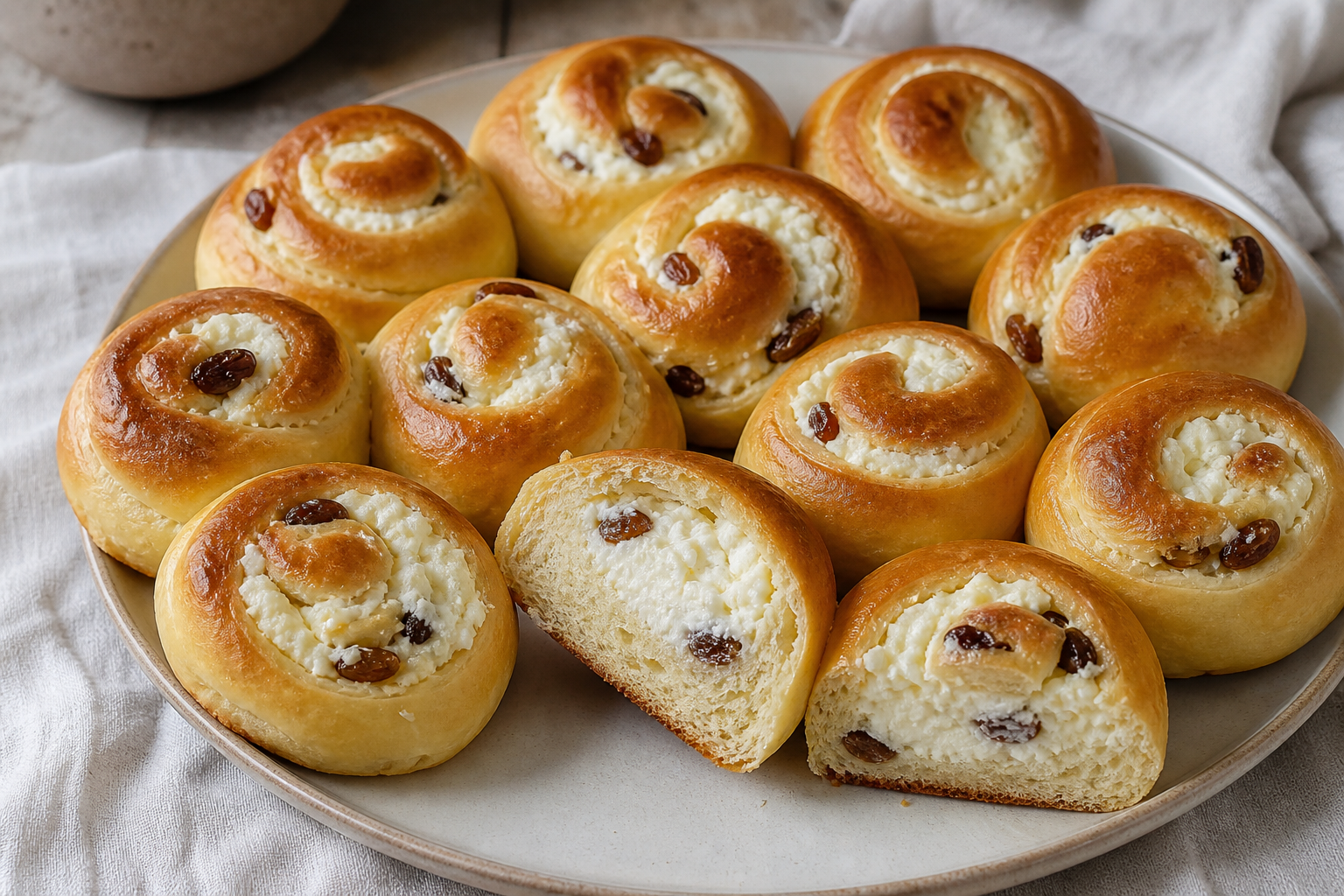 Мягкие дрожжевые булочки с творогом и изюмом