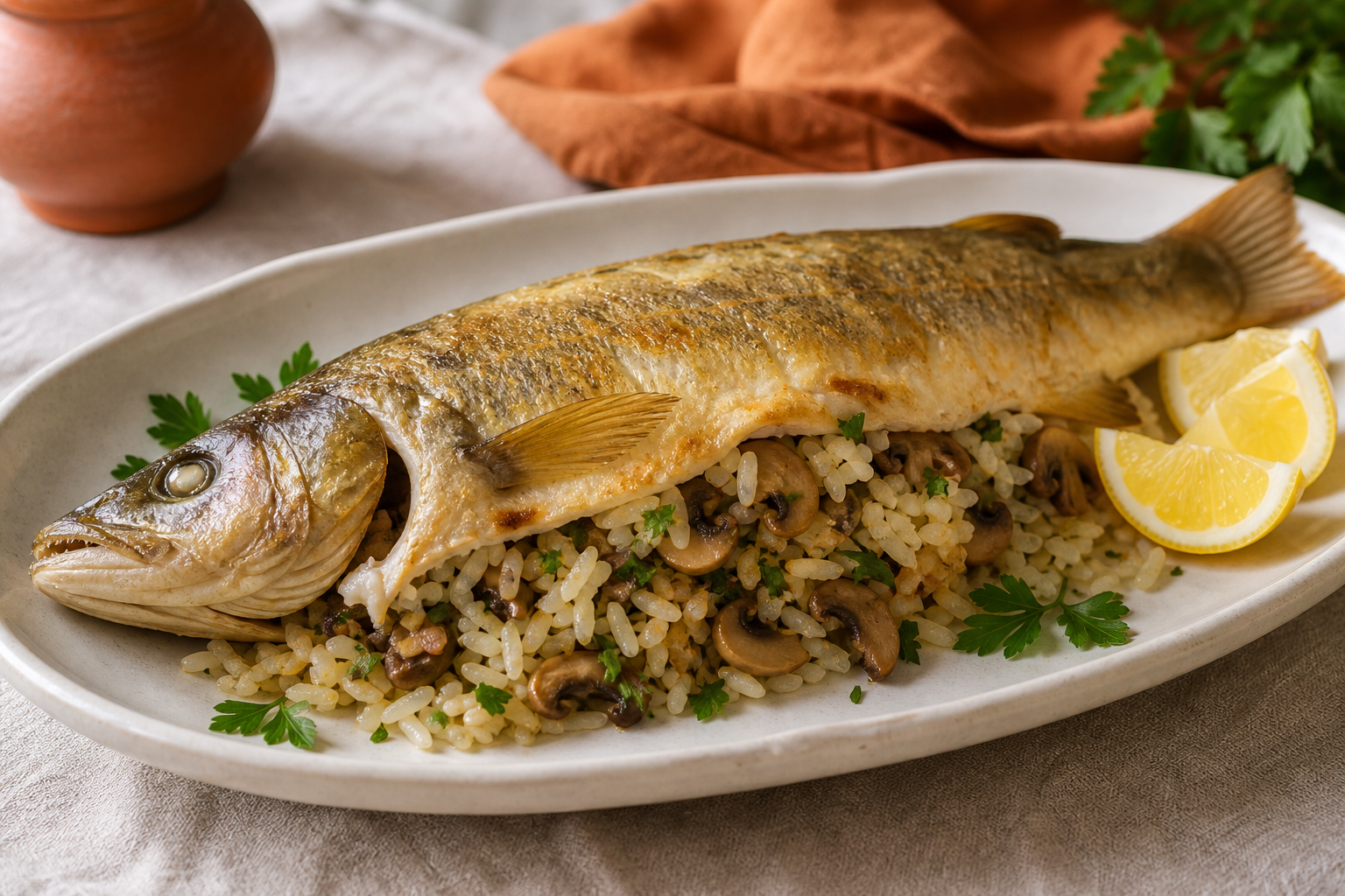 Фаршированный судак с рисом и грибами в духовке