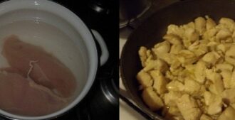 Рецепт салата 'Шишка' с курицей и миндалем Рецепт салата 'Шишка' с курицей и миндалем