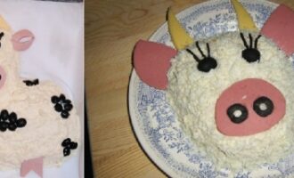 Салат «Бычок» — новогодний куриный слоёный с рисом и горошком в виде бычка