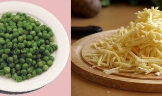 Салат «Бычок» — новогодний куриный слоёный с рисом и горошком в виде бычка