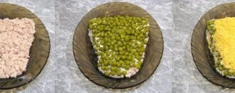 Салат «Бычок» — новогодний куриный слоёный с рисом и горошком в виде бычка