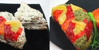 Рецепт слоёного закусочного торта «Мешочек счастья» Рецепт слоёного закусочного торта «Мешочек счастья»