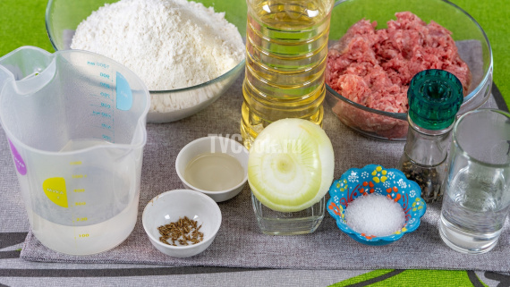 Чебуреки из пресного теста с луком и мясным фаршем Чебуреки из пресного теста с луком и мясным фаршем