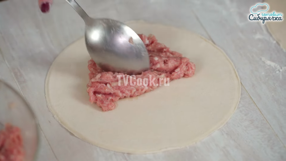 Чебуреки из пресного теста с луком и мясным фаршем Чебуреки из пресного теста с луком и мясным фаршем