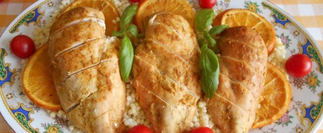 Курица, запеченная с апельсинами в горчичном соусе