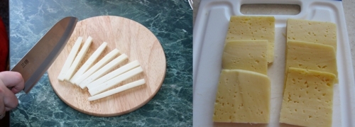 Нарезаем сыр пластинками или брусочками
