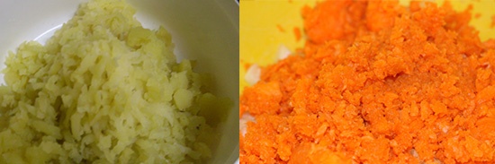 измельчаем вареный картофель и морковь