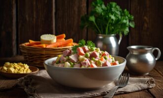 Классический салат Оливье с колбасой