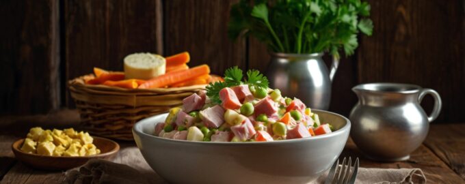 Классический салат Оливье с колбасой