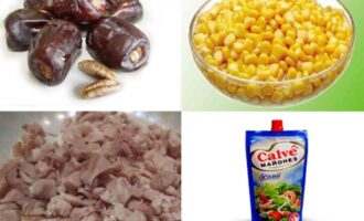 Салат с курицей, финиками и кукурузой