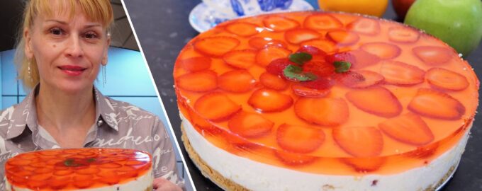 Клубничный торт с творогом без выпечки